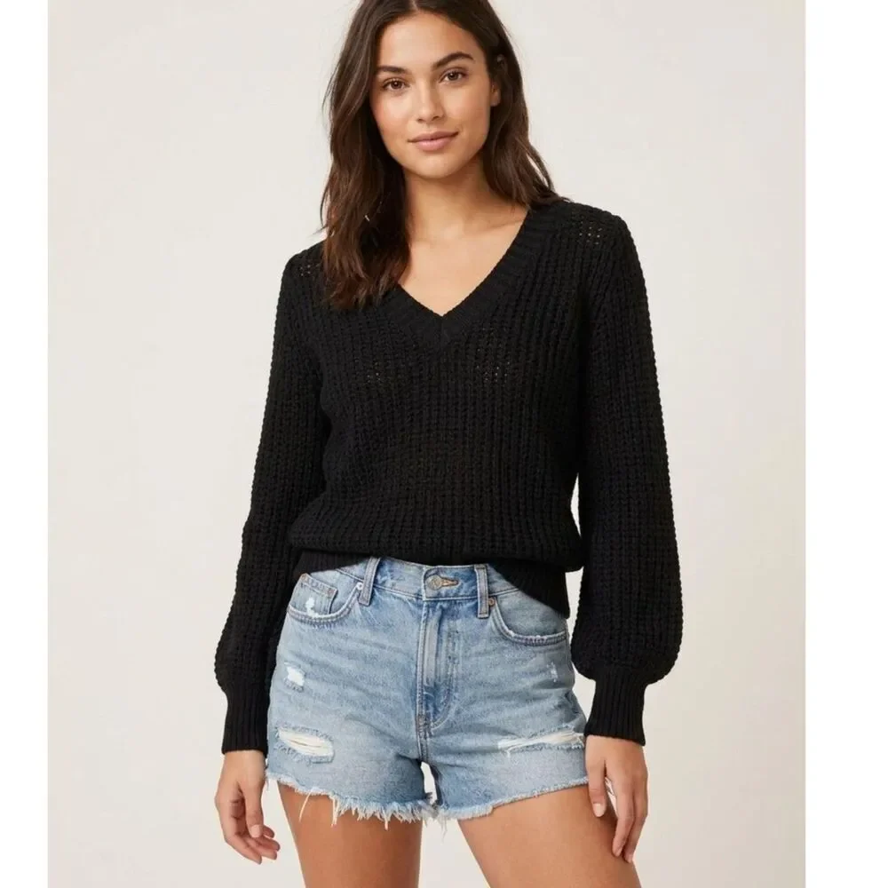 J.Crew Black Waffle Chunky Knit Sweater Balloon Sleeve Casual Small S Preppy
